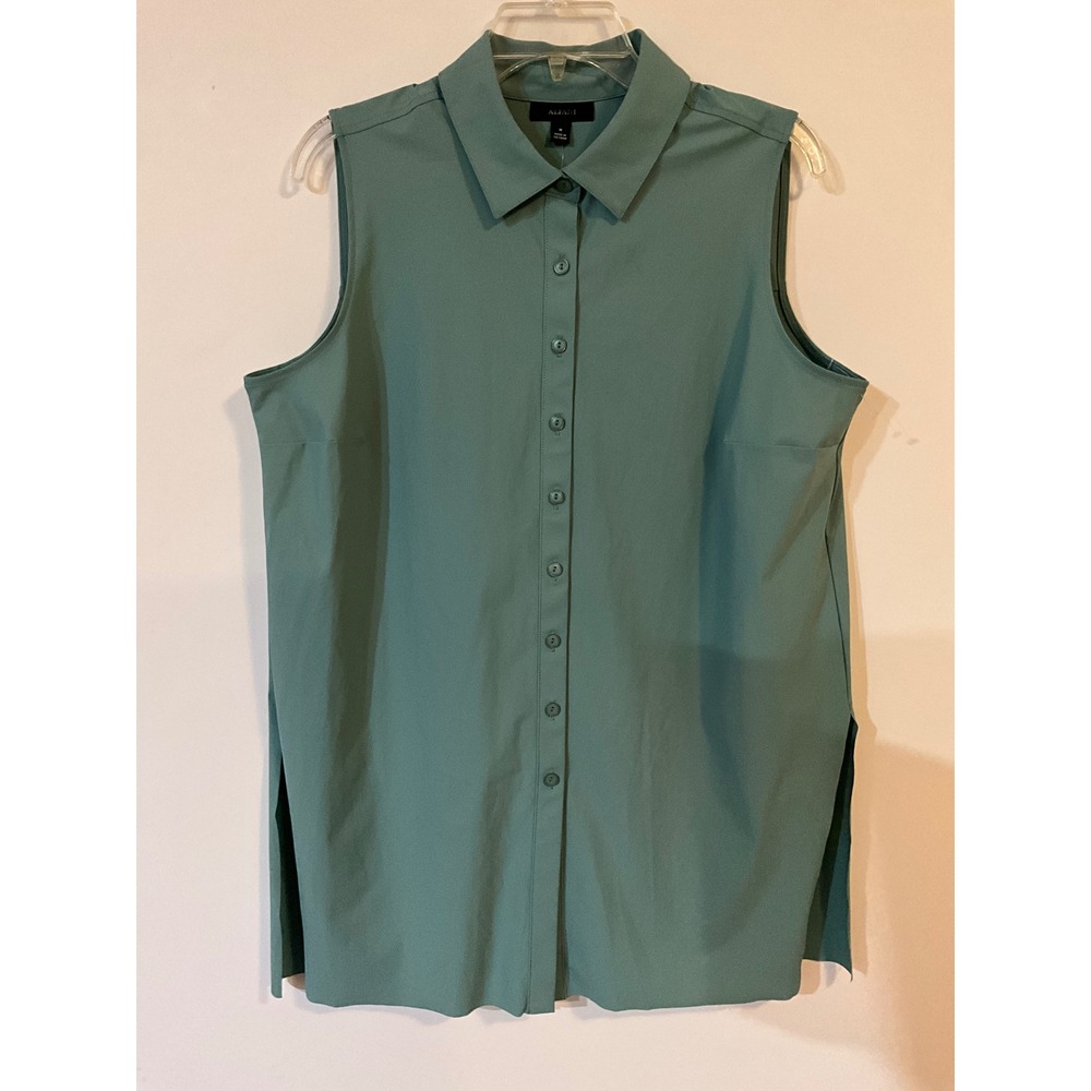 Alfani Womens Sleeveless Button Down Blouse Sage Green Teal Size M Side Slits
